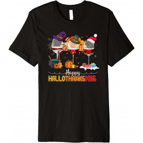 Happy Hallothanksmas Wine Glasses Drinking Lover Halloween T-Shirt