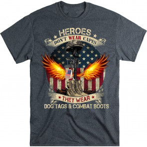 Heroes Don't Wear Capes, They Wear Dog Tags & Combat Boots USA Flag Veteran  T-Shirt