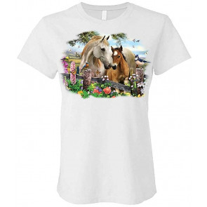 Hollyhock Horses - Horse Equine Lover - Ladies Cotton T-Shirt