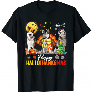 Husky Dog Happy Hallothanksmas Halloween Thanksgiving Xmas T-Shirt