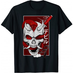 Japanese Demon Face Skull Devil With Snake Katana Nippon Art T-Shirt