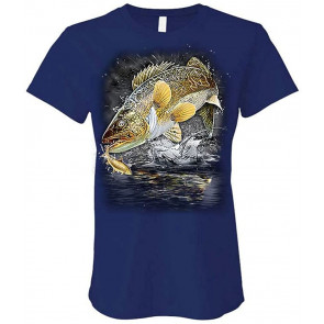 Jumping Walleye - Angler Fishing Fisherman Lake - Ladies Cotton T-Shirt