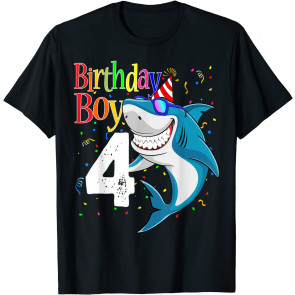 Kids 4th Birthday Boy Shark  T-Shirt