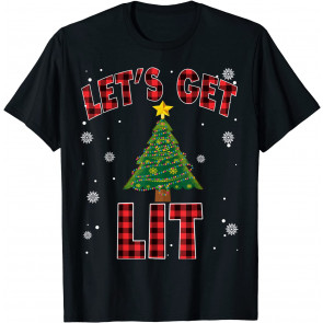 Let's Get Lit Red Buffalo Plaid Christmas Pajama Drinking T-Shirt