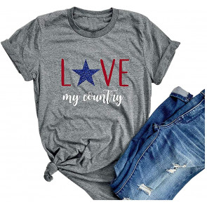 Love My Country Women Summer Top Crew Neck 4th Of July American T-Shirt