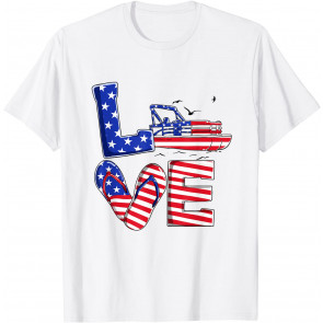 Love Pontoon American Flag 4th Of July Summer Flip Flop T-Shirt