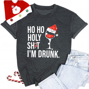 LUKYCILDWomenWineChristmasShirtSantaHatWineGlassPrintT-ShirtShortSleeveRoundNeckDrinkingLoversTopsXmasGift T-Shirt