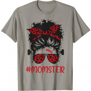 Momster Skull, Red Leopard Glasses, Halloween Messy Bun T-Shirt