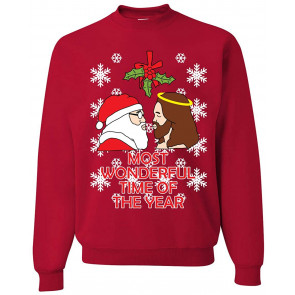 Most Wonderful Time Of The Year Santa Jesus Kissing Mistletoe T-Shirt