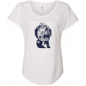 Nature Mountain Compass Howling Wolf Ladies Dolman T-Shirt