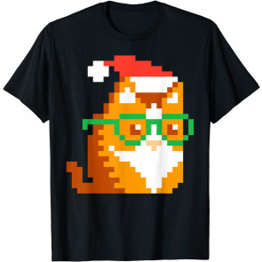 Nerd Cat Green Glasses Xmas Retro 8-Bit Pixel Art  T-Shirt