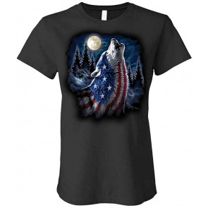 Patriotic Howling Wolf - USA America Flag Patriot - Ladies Cotton T-Shirt