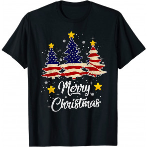 Patriotic USA Flag Trees Merry Christmas America Snowflakes T-Shirt