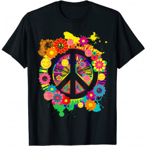 Peace Sign Bright Colorful Flowers 60s 70s Hippie Retro T-Shirt