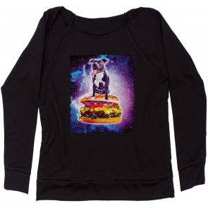 Pitbull Riding A Cheeseburger In Space Off Shoulder Sweat T-Shirt