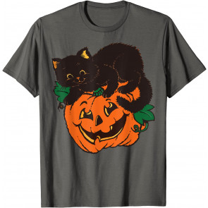 Pumpkin And Black Cat Halloween Vintage Costume T-Shirt