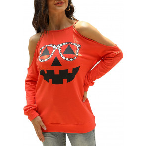 Pumpkin Face Blouse Halloween Pumpkin Cold Shoulder  T-Shirt