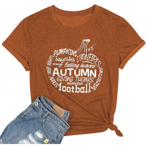 Pumpkin Hayrides Apple Cider Tshirt For Women Falling Leaves Letter Printed T-Shirt