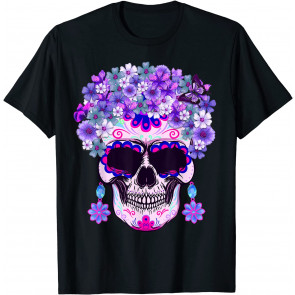 Purple Floral Sugar Skull Day Of Dead Bone Head Butterfly T-Shirt