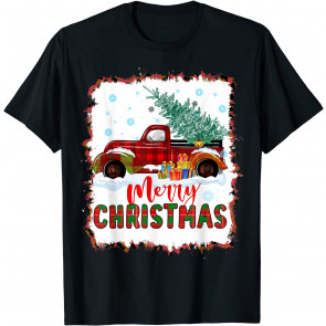 Red Buffalo Plaid Truck Merry Christmas Tree Bleached Print T-Shirt