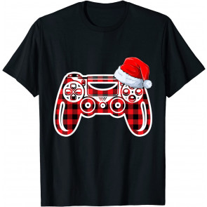 Red Plaid Christmas Pajamas Santa Hat Gamer Video Game Games T-Shirt