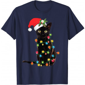 Santa Black Cat Tangled Up In Christmas Tree Lights Holiday T-Shirt