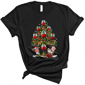 Santa Cow And Wine Glasses Christmas Tree T-Shirt