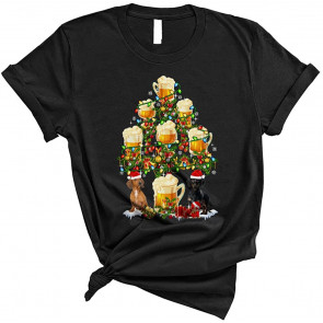 Santa Dachshund And Beer Glasses Christmas Tree T-Shirt