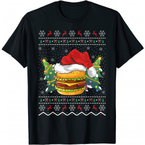 Santa Hat Burger Lover Xmas Gift Ugly Burger Christmas T-Shirt