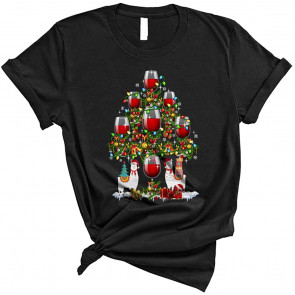 Santa Llama And Wine Glasses Christmas Tree T-Shirt