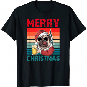 Santa Pug Merry Christmas Pug Costume Dog Drinking Beer T-Shirt