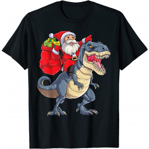 Santa Riding Dinosaur T Rex Christmas Boys Men Xmas Squad T-Shirt