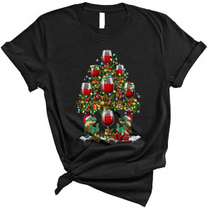 Santa T-Rex And Wine Glasses Christmas Tree T-Shirt