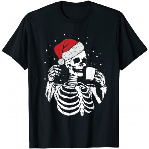 Skeleton Santa Hat Drinking Coffee T-Shirt