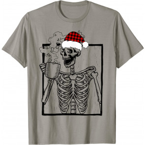 Skeleton Wear Santa Hat Drinking Coffee T-Shirt