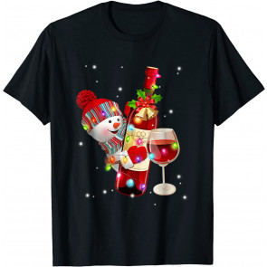Snowman With Glasses Of Wine Light Santa Hat T-Shirt