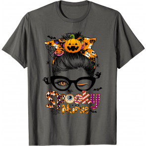 Spooky Nurse Messy Bun Nurse Life CNA RN Halloween Costume T-Shirt