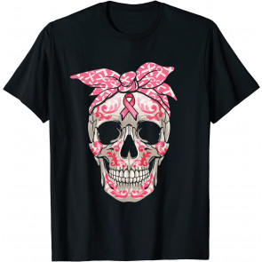 Sugar Skull Pink Ribbon Bandana Breast Cancer Awareness T-Shirt