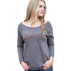 Superluxe Womens Blessed Rose Gold Foil Off Shoulder French Terry T-Shirt