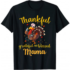 Thankful Grateful Blessed Mama Plaid Turkey Thanksgiving T-Shirt