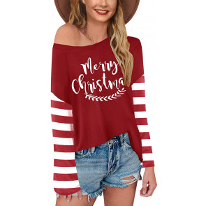 Thanksgiving Christmas Off Shoulder Stripe T-Shirt