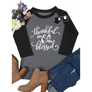 Thanksgiving Thankful Blessed Print O-Neck Casual T-Shirt
