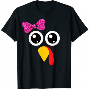 Thanksgiving Turkey Face Cute Pink Bow Girls T-Shirt