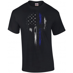 Thin Blue Line Police Support Patriotic Skull T-Shirt