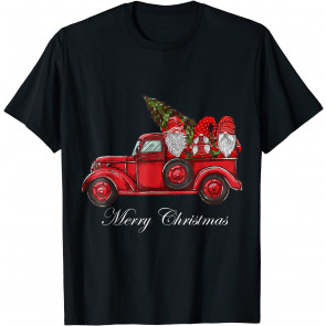 Three Gnomes In Red Truck With Merry Christmas Tree T-Shirt