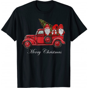 Three Gnomes In Red Truck With Merry Christmas Tree T-Shirt