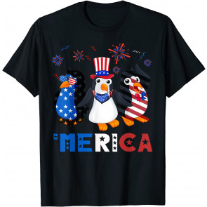 Three Penguins Merica 4th Of July American Flag Patriotic T-Shirt