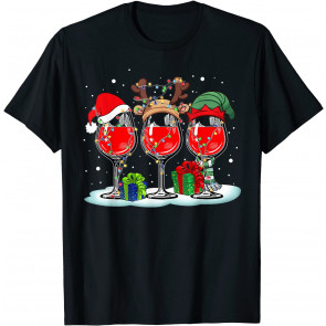 Three Wine Glasses Xmas Snowman Santa Hat Christmas Lights T-Shirt