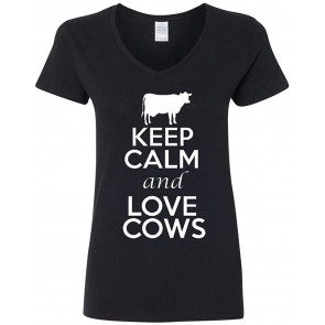 V-Neck Ladies Keep Calm And Love Cows Animal Lover T-Shirt