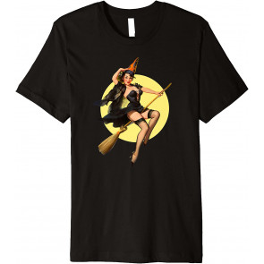 Vintage Pinup Witch On Witches Broom Halloween Pin Up Girl T-Shirt